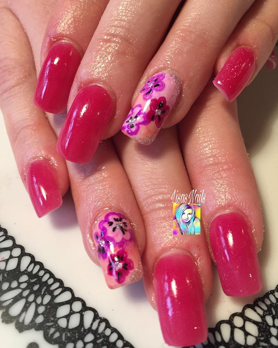 Pink Flower Sharpie Nails