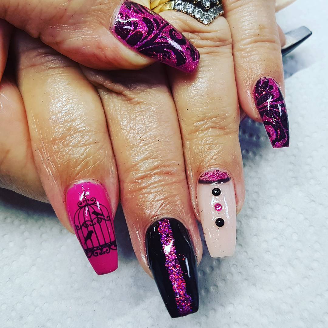Pink and Black Acrylic Nails