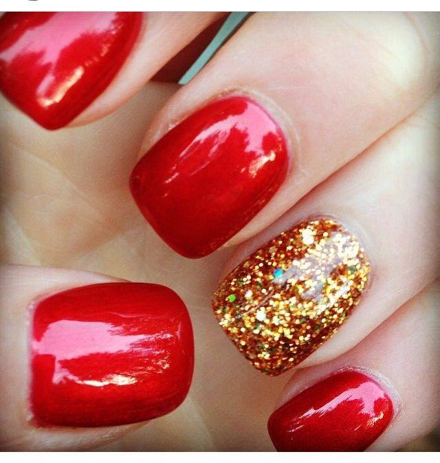 Red With Glitter Golden Gel Nails