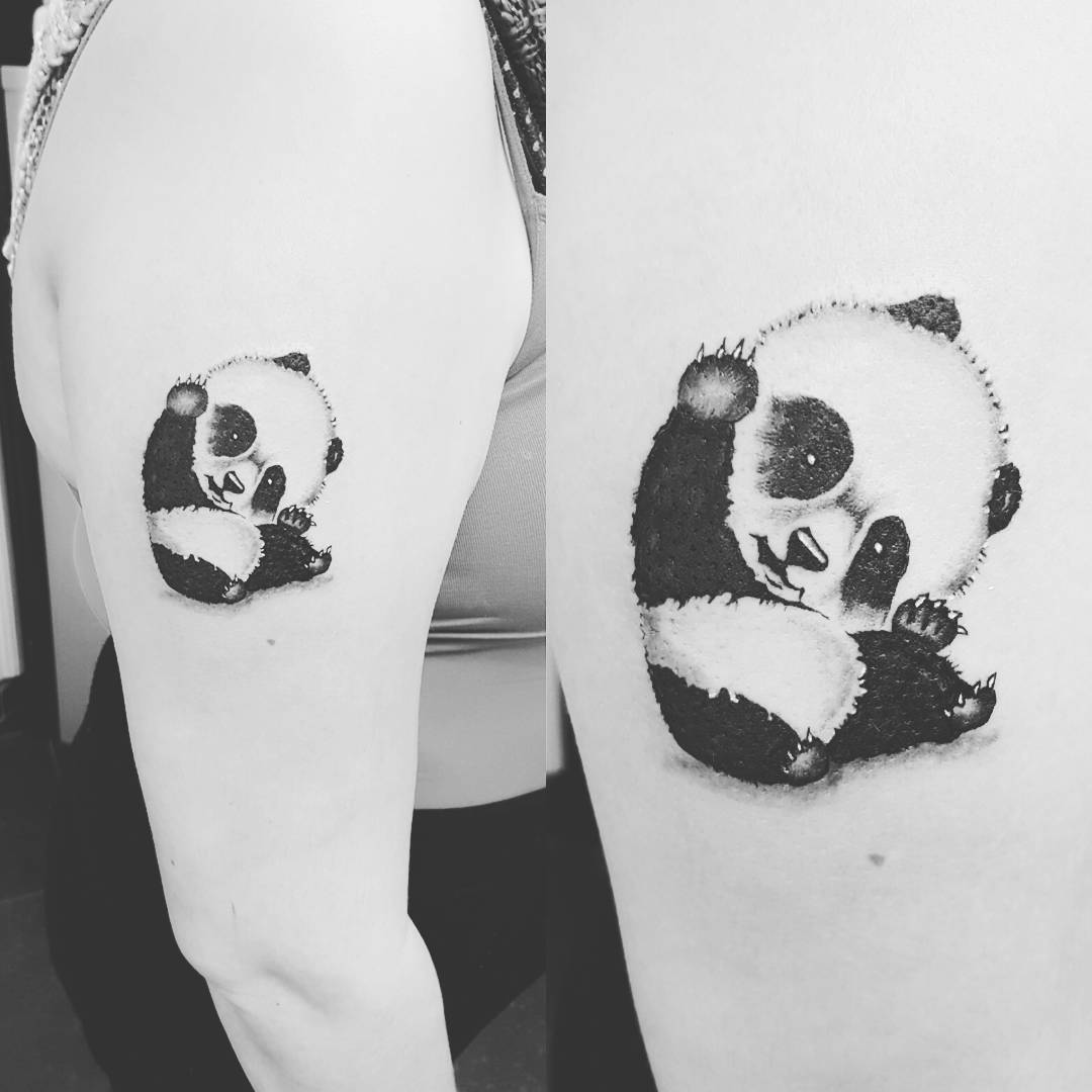 Sleeping Cute Panda Bear Tattoo On Arm
