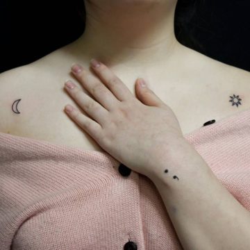 Small Sun Moon Tattoo Symbol On Shoulder