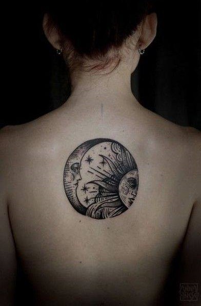 Stunning Sun And Moon Tattoo On Back
