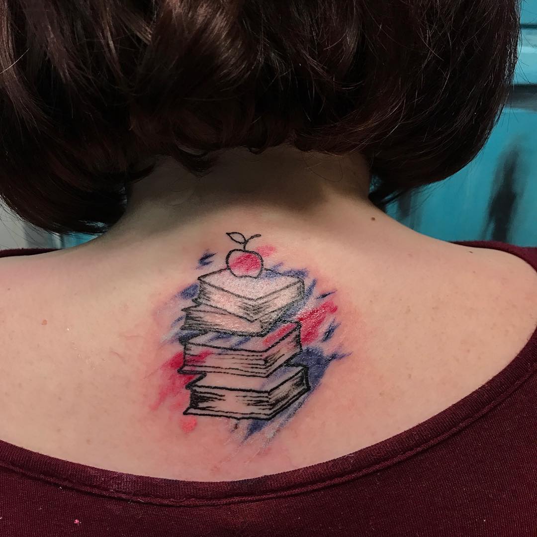Water Color Book Tattoo With Apple