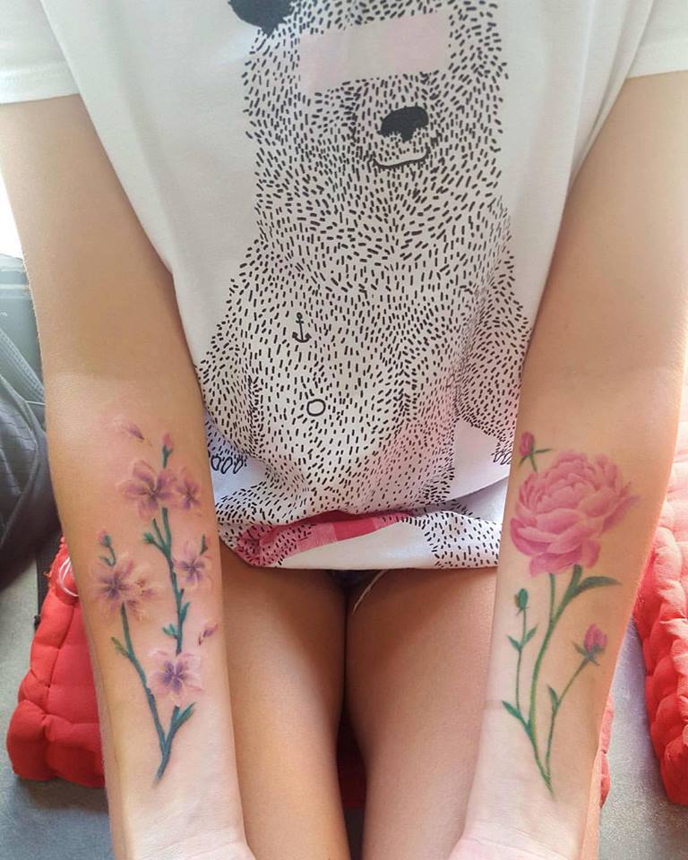 Water Color Flower Tattoo On Both Hands