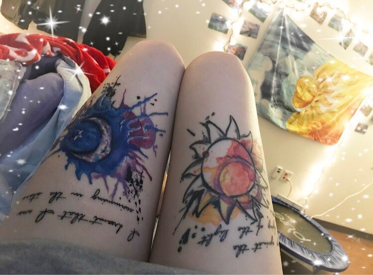 Water Color Sun Tattoo Design On Right Thigh