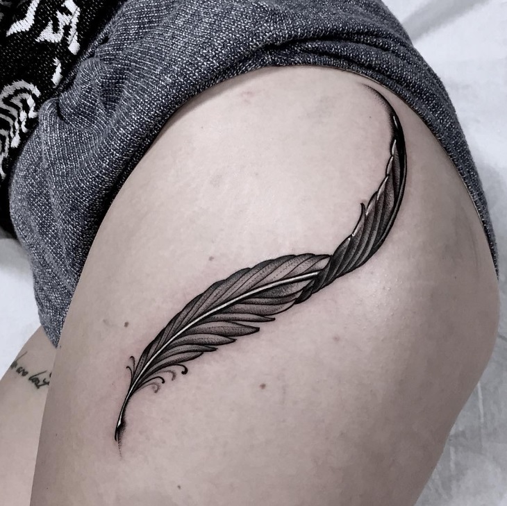 Amazing Dot Work Feather Tattoo On Thigh