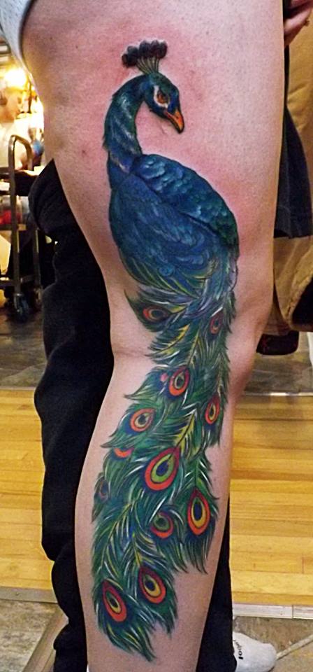 Amazing Peacock Tattoo On Leg