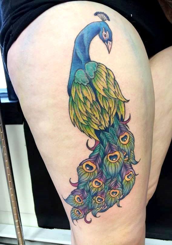 Beautiful Little Peacock On Thigh