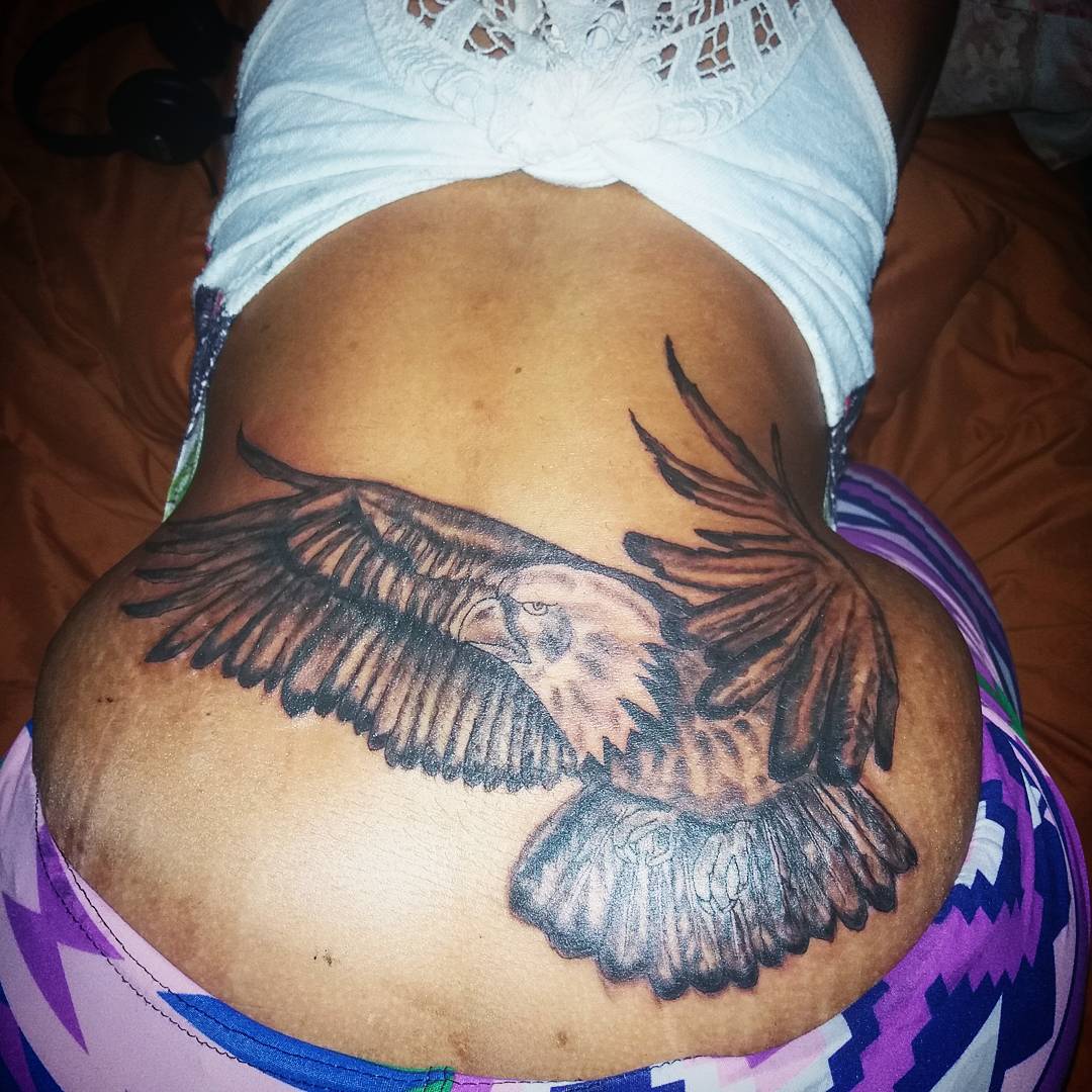 Black & Grey Eagle Lower Back Tattoo