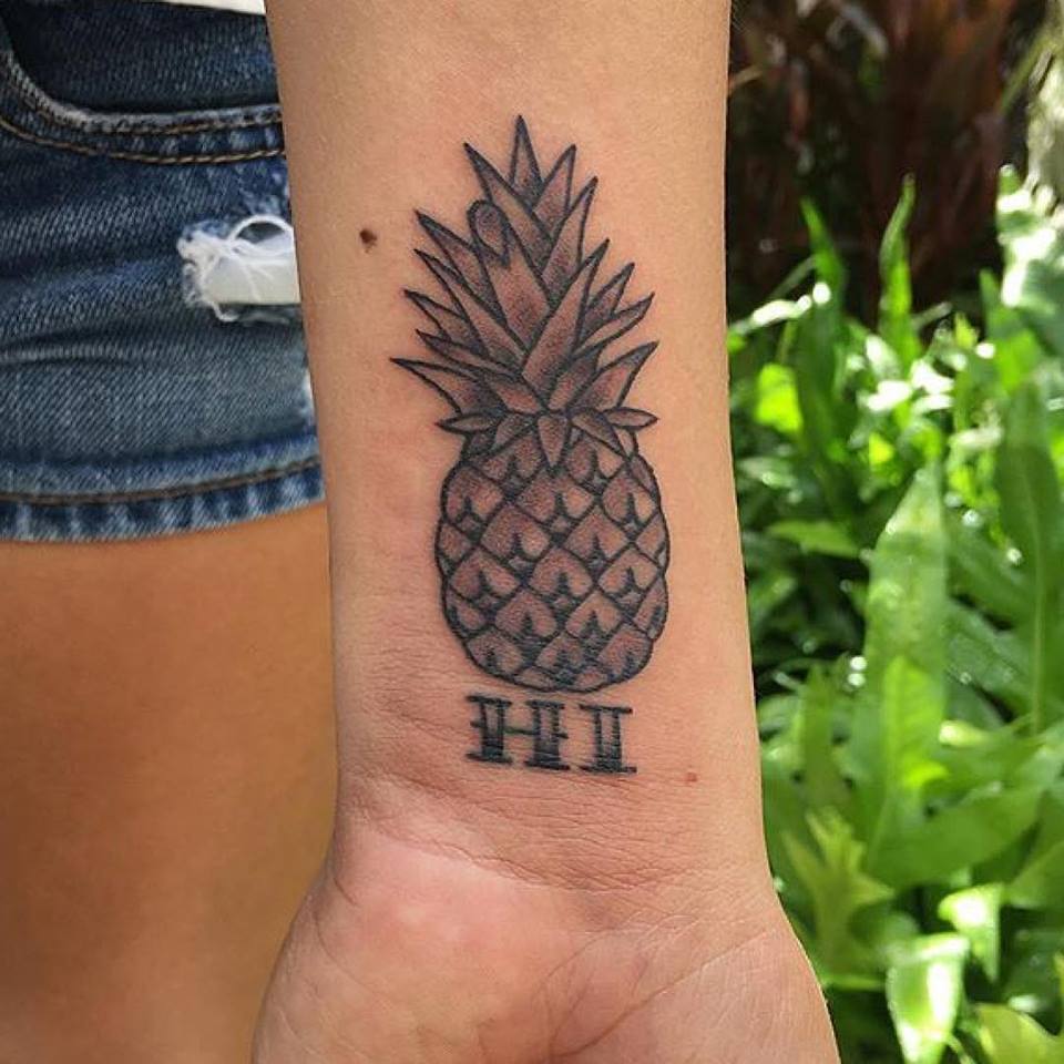 Black & Grey Pineapple Tattoo On Wrist