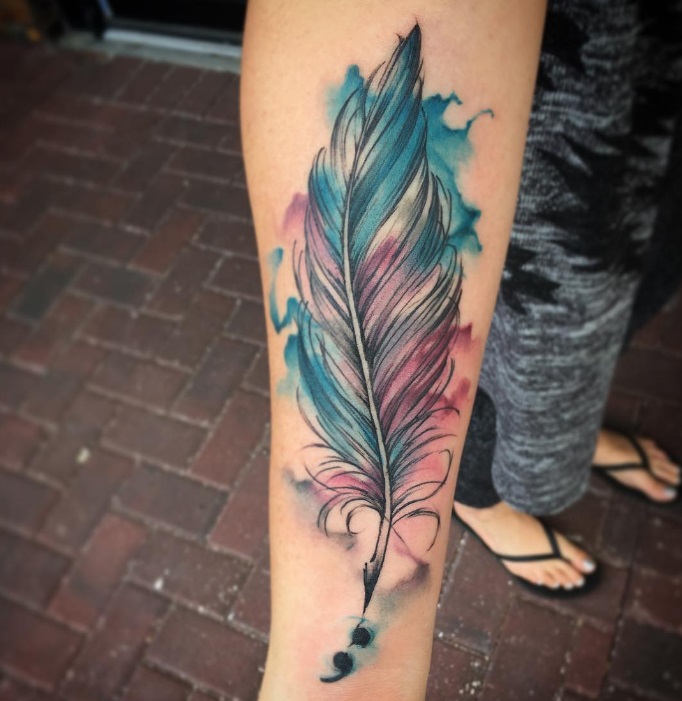 Blue And Pink Feather Tattoo On Arm - Blurmark