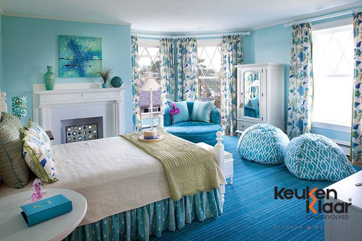 Blue Theme Room With Beautiful Floral Curtains & Accessories