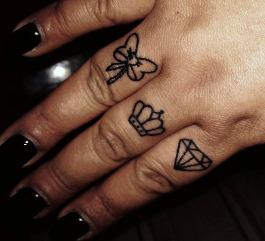 Butterfly, Crown & Diamond Finger Tattoo