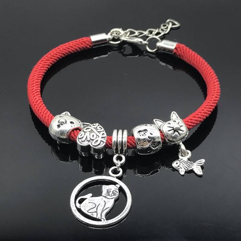Cat Charm Bracelet With Red Band