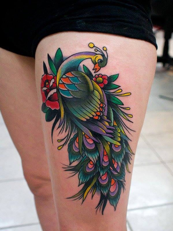 Colorful Peacock Tattoo On Thigh