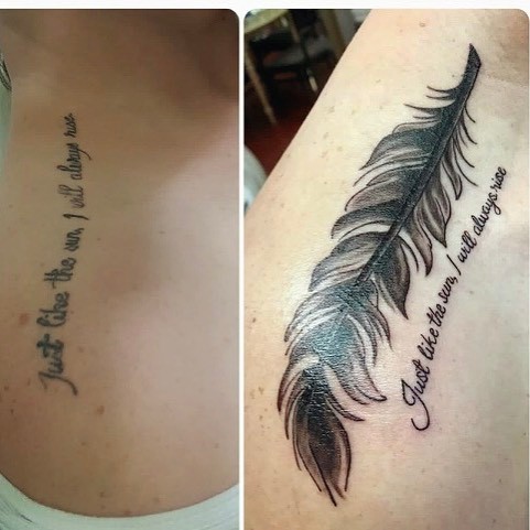 Coverup Feather Tattoo With Quote