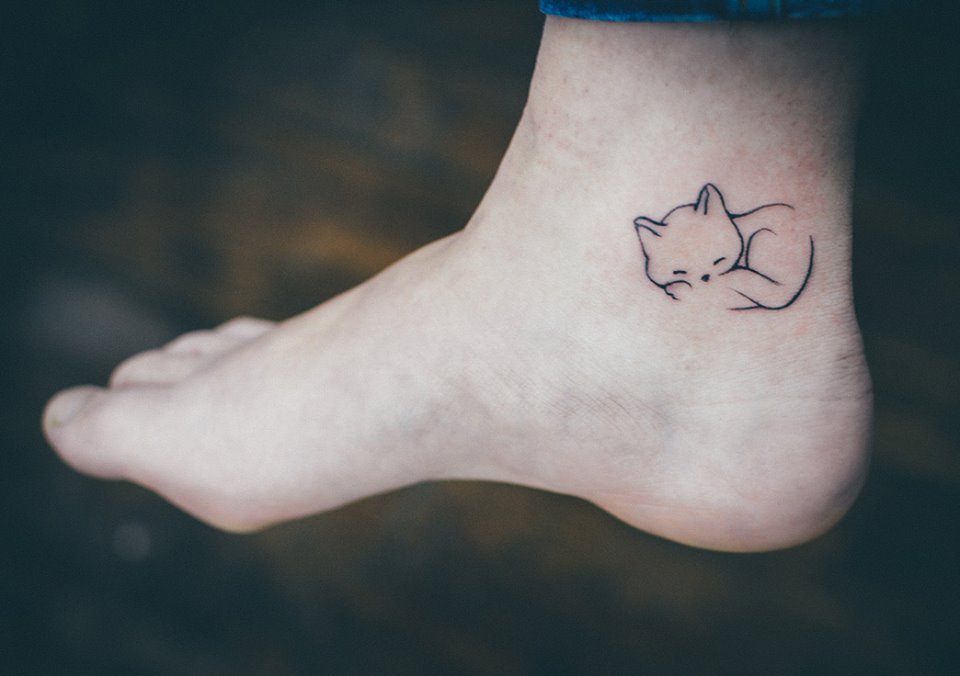 Cute Minimal Cat Ankle Tattoo