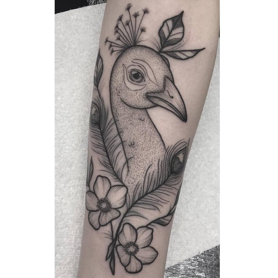 Dot Work Peacock Tattoo On Arm