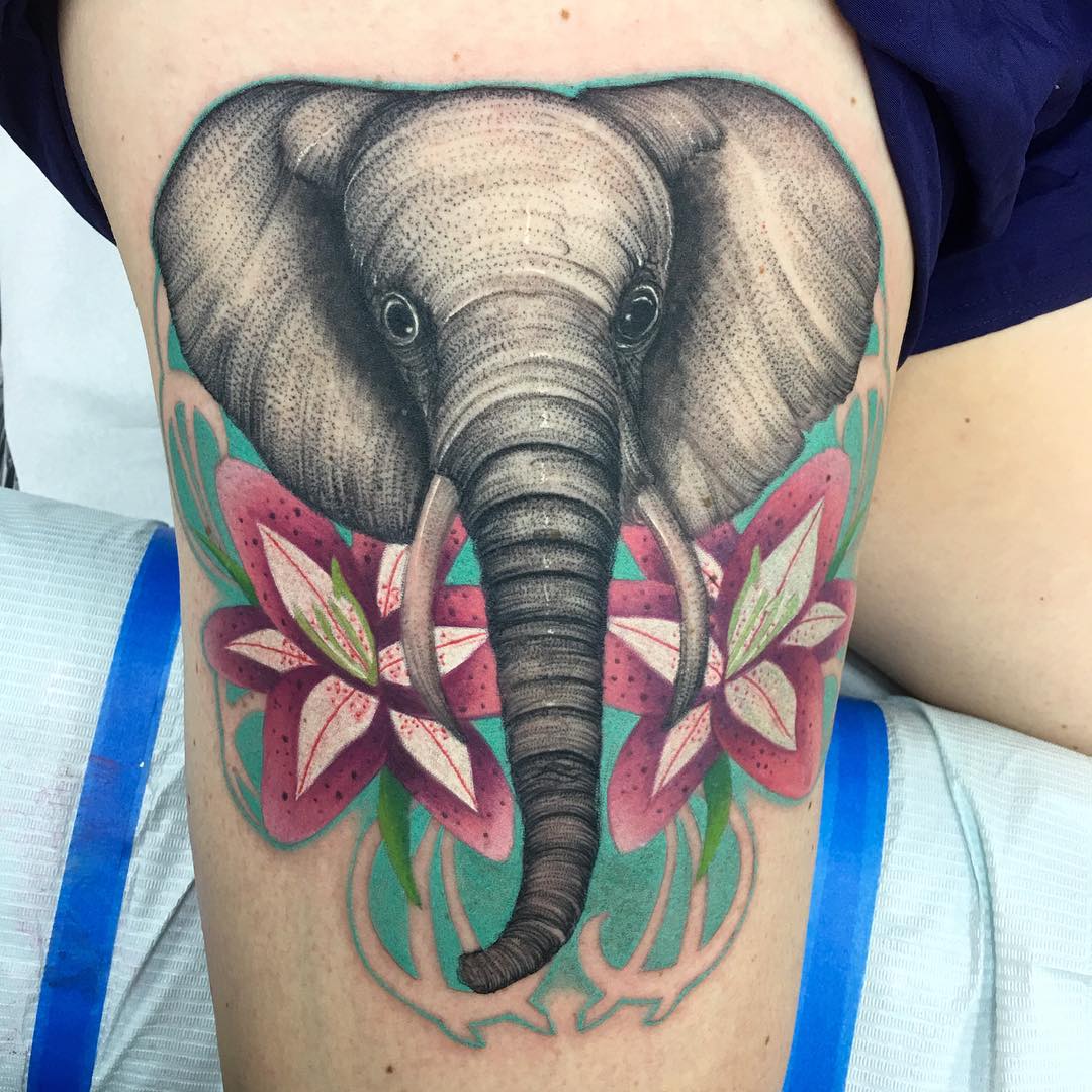 Elephant With Liliy On Thigh