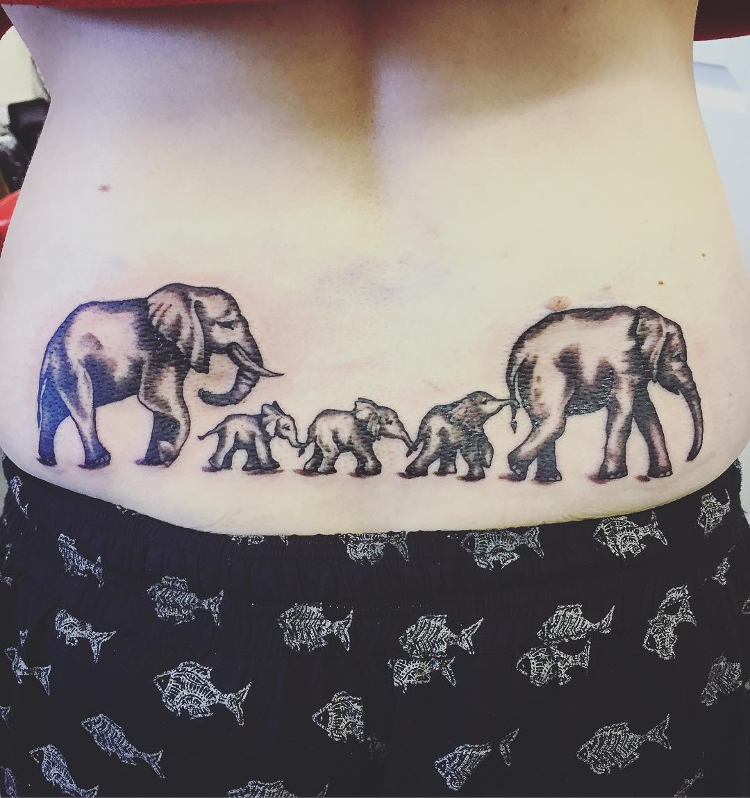 Elephants Lower Back Tattoo