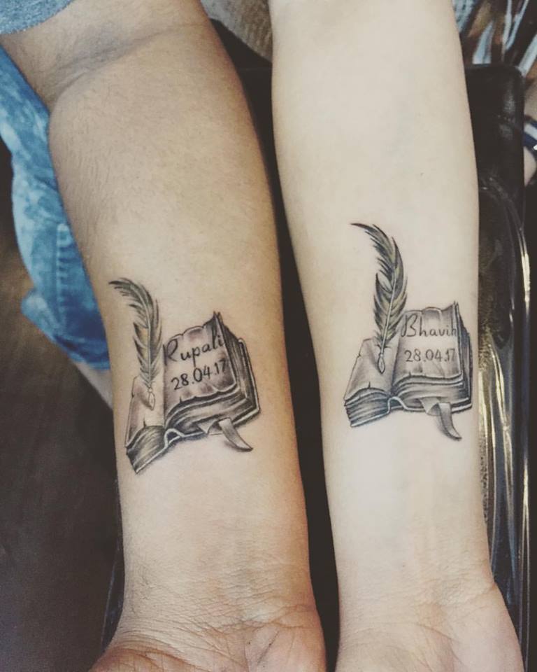 Feather Inside Book Couple Tattoo
