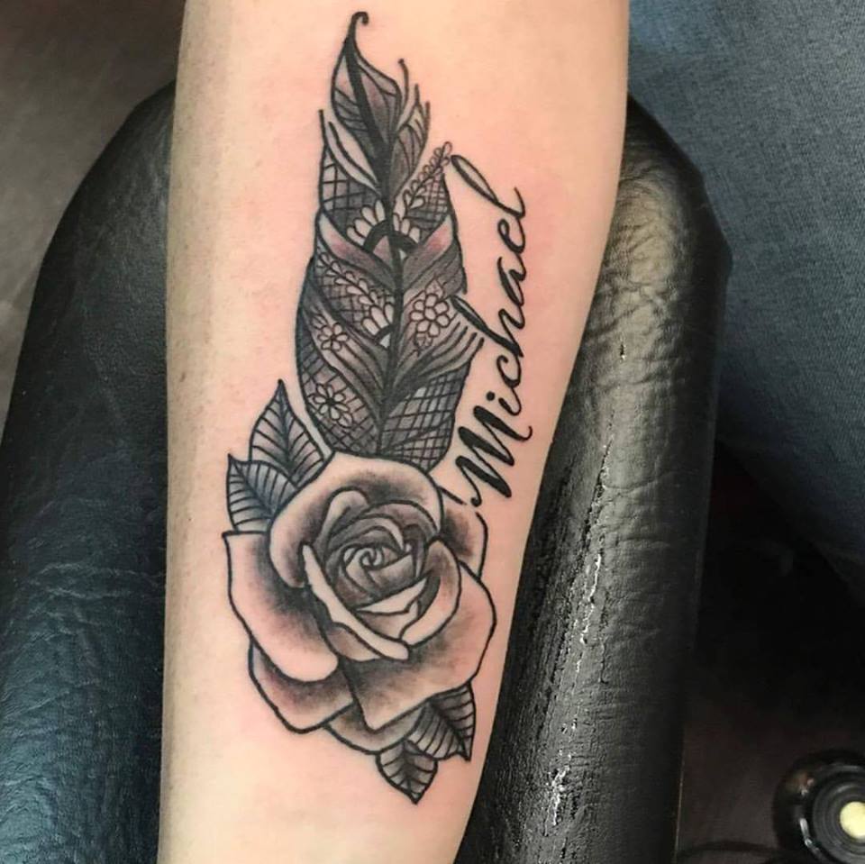 Feather Tattoo With Rose