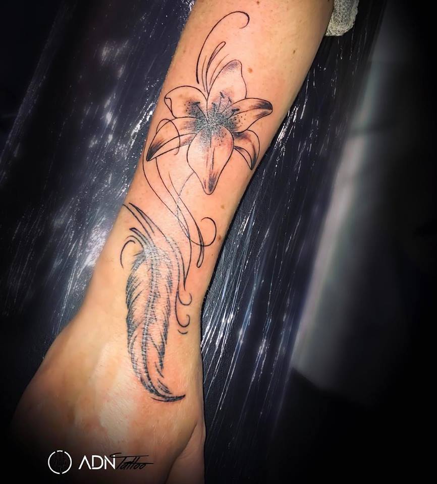 Feather With Flower Ornamental Tattoo