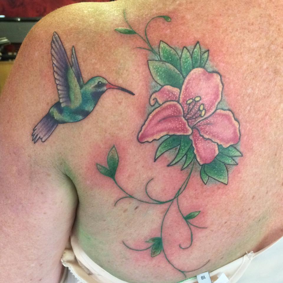 Hummingbird With Lily On Upper Back