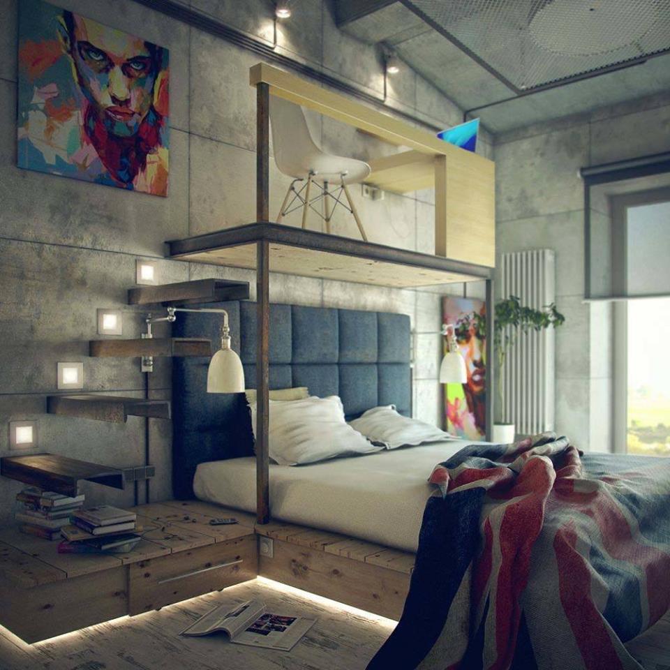 Industrial Style Bedroom Design With Study