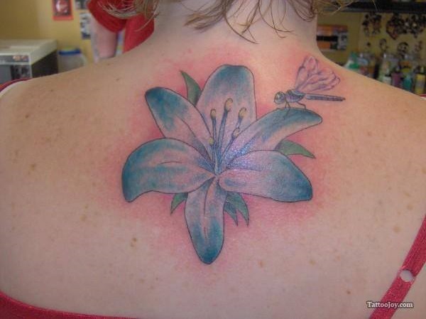Lily Flower And Dragonfly Neck Tattoo