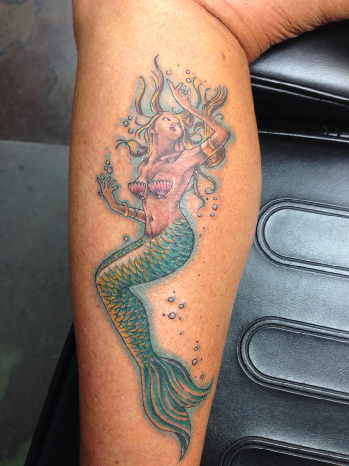 Mermaid Tattoo On Lower Leg