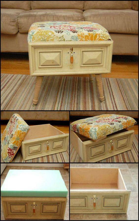 Old Drawer Converted Into Cushioned Coffee Table