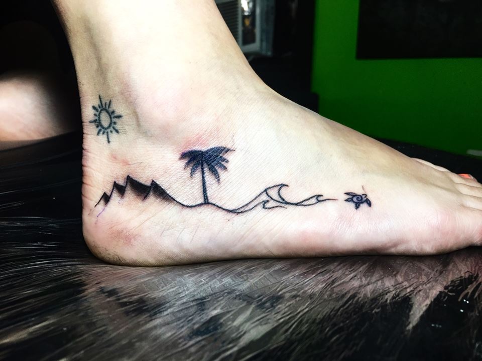 Palm Tree With Mountain And Sun
