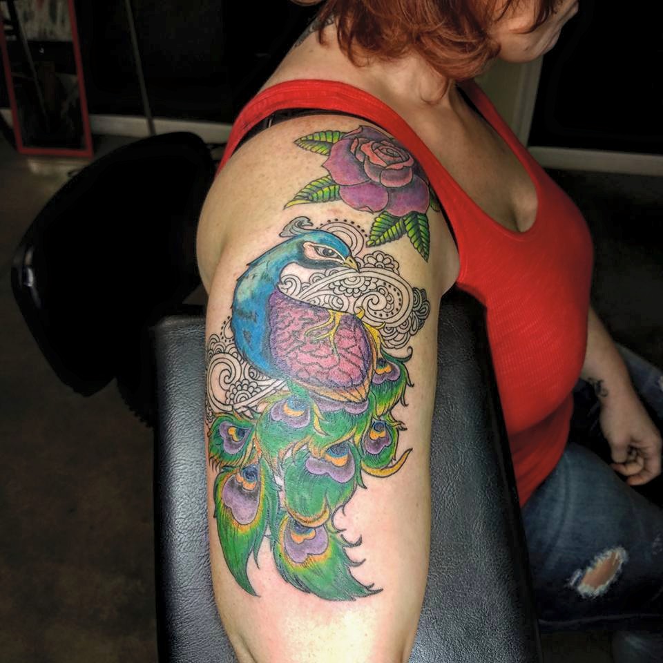Peacock And Flowers Tattoo On Sleeve