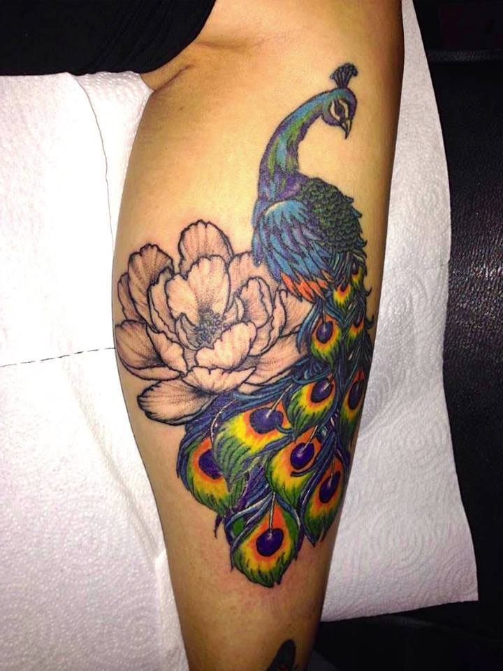Peacock Tattoo On Lower Leg