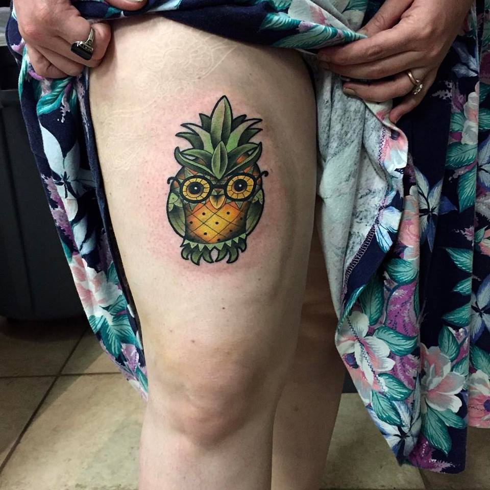 Pineapple With Owl Fusion Tattoo