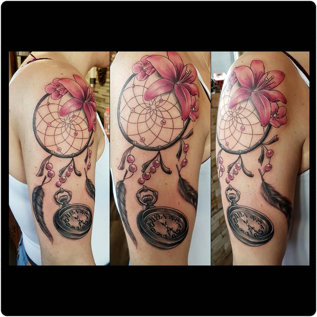 Pink Lily Flower With Dream Catcher, Cherry Blossoms, Watch & Feather