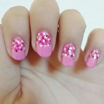 Pink & White Polka Dots On Pink Glitter Nails