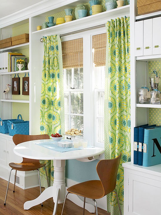 Small Dining Space With Colored Curtains