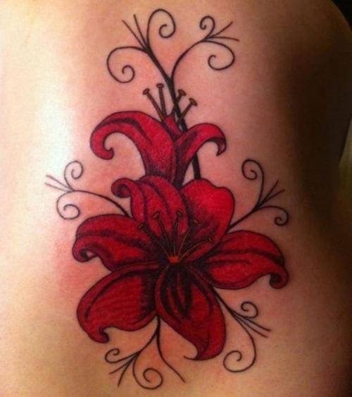 Sparking Red Lily Tattoo On Back