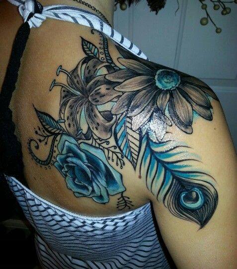 Teal Lily, Sunflower, Rose Peacock Feather On shoulder