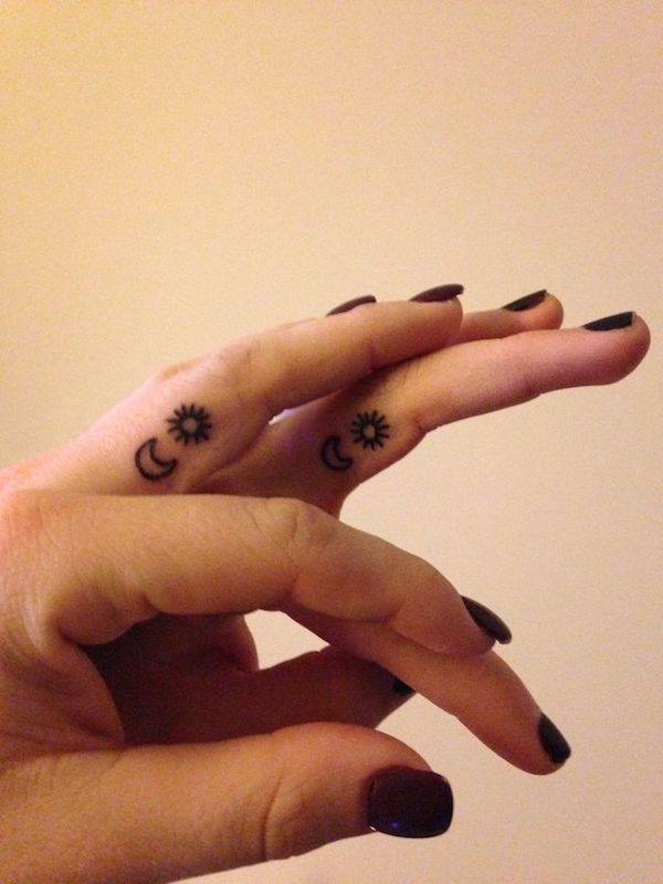 Tiny Sun & Moon Finger Tattoo
