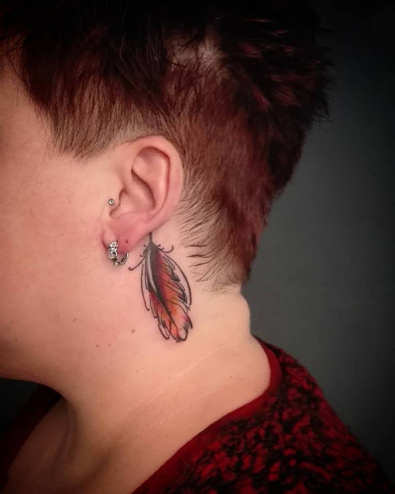 Traditional Feather Tattoo On Back The Ear