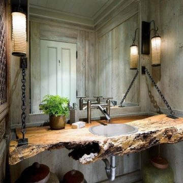 Unique Hanging Driftwood Sink Vanity With Wood Paneled Walls