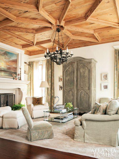 Awesome Living Room Wooden Ceiling With Beautiful Chandelier