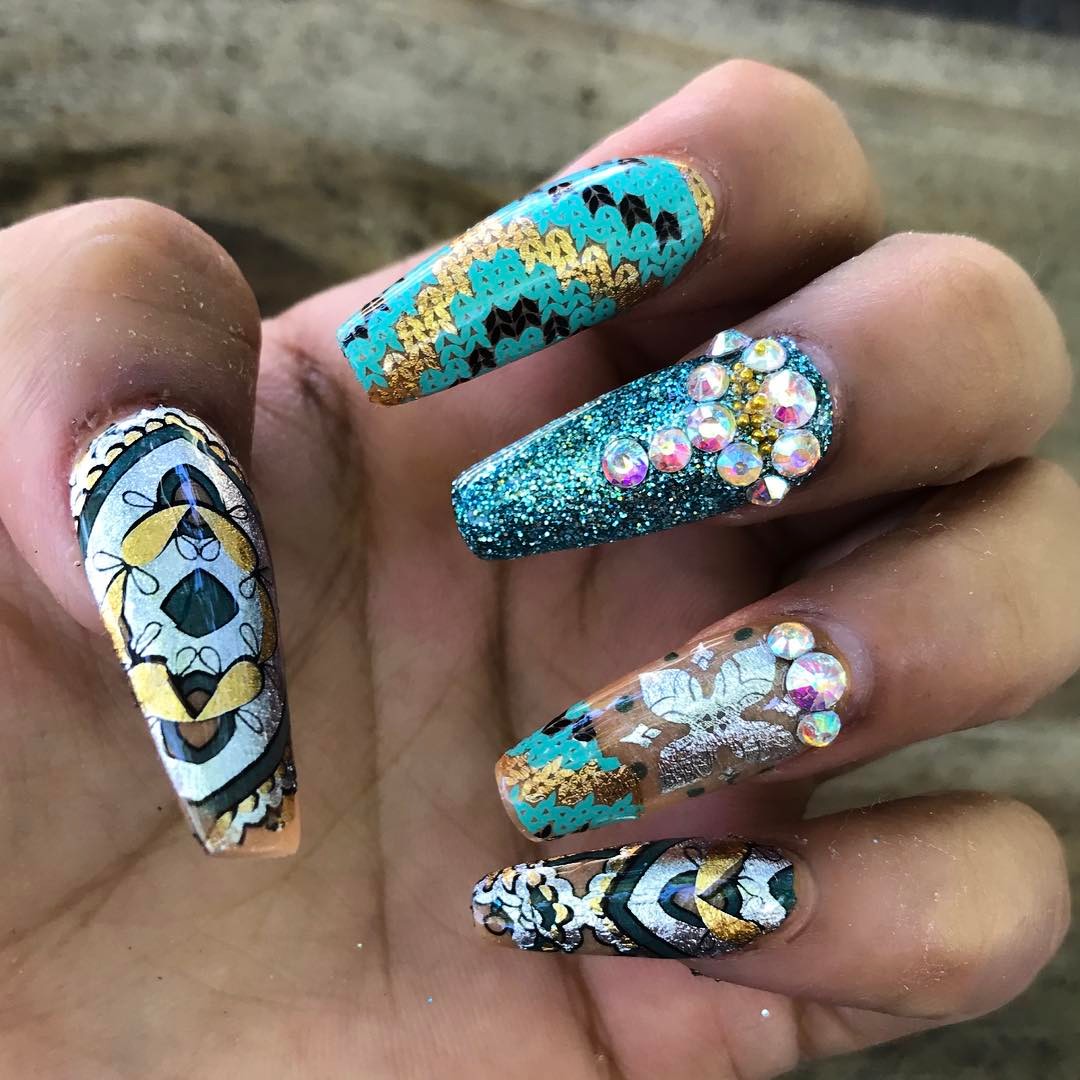 Aztec Coffin Nails Decorated With Rhinestone
