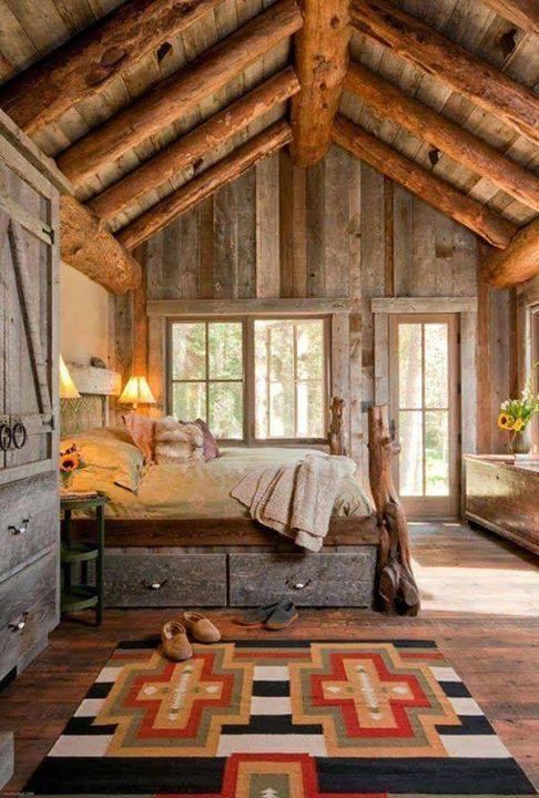 Charismatic Rustic Bedroom Colorful Mat And Beam Ceiling