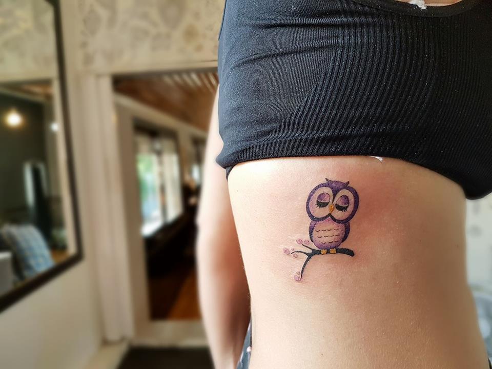 Chic Cute Owl Tattoo On Ribs