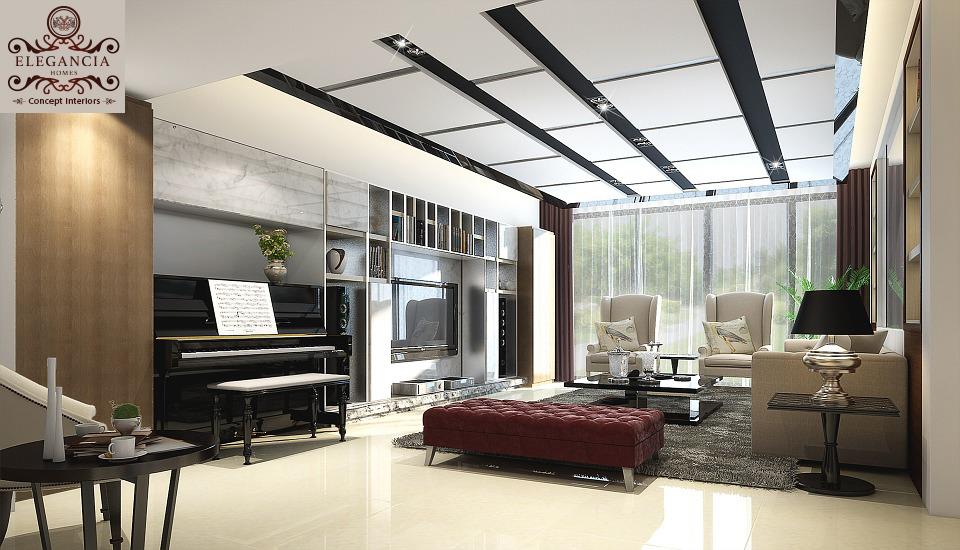 Contemporary Living Room With Black & White Ceiling