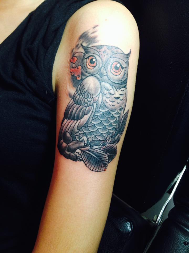 Dashing Owl Tattoo Inked On Sleeve